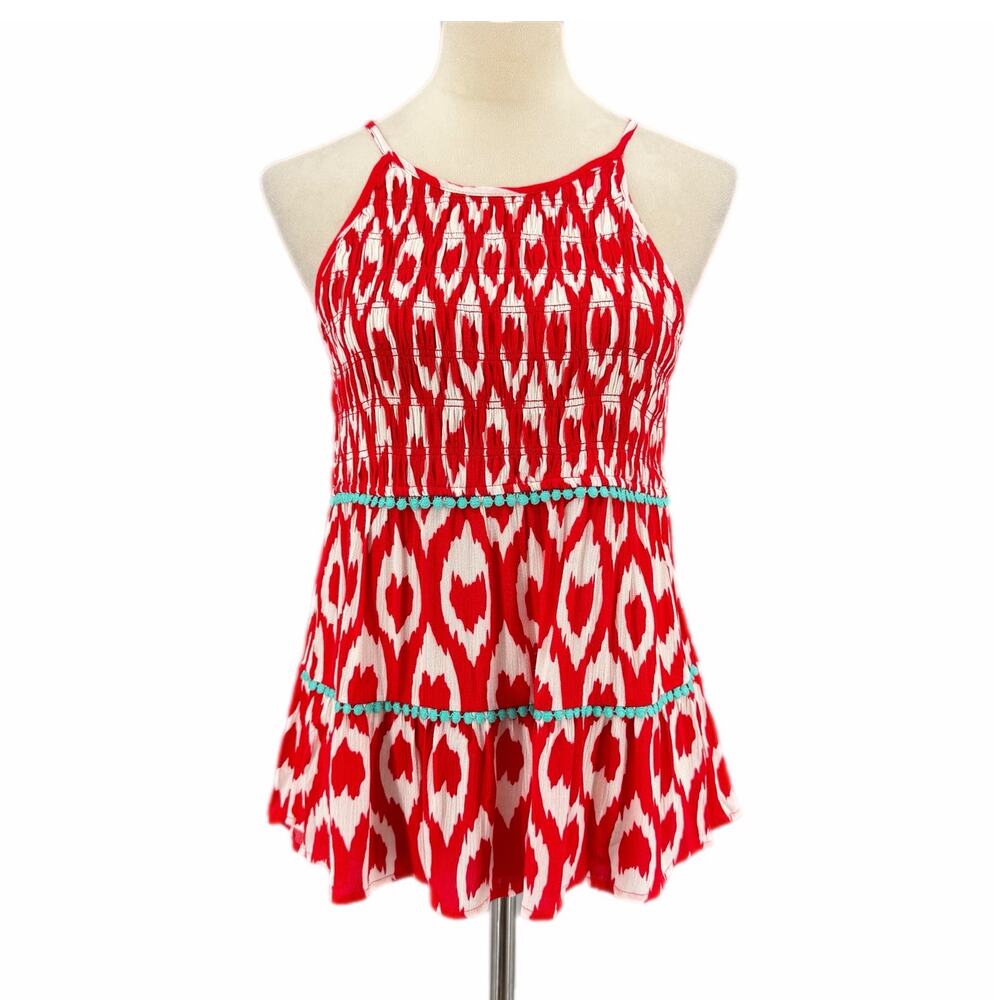 THML NEW Red Ikat Turquoise Trim Smocked Tiered Sleeveless Halter Tank Top